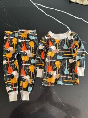 Kids Guitar Print Pajama Set - Black with Orange, Yellow and Light Blue